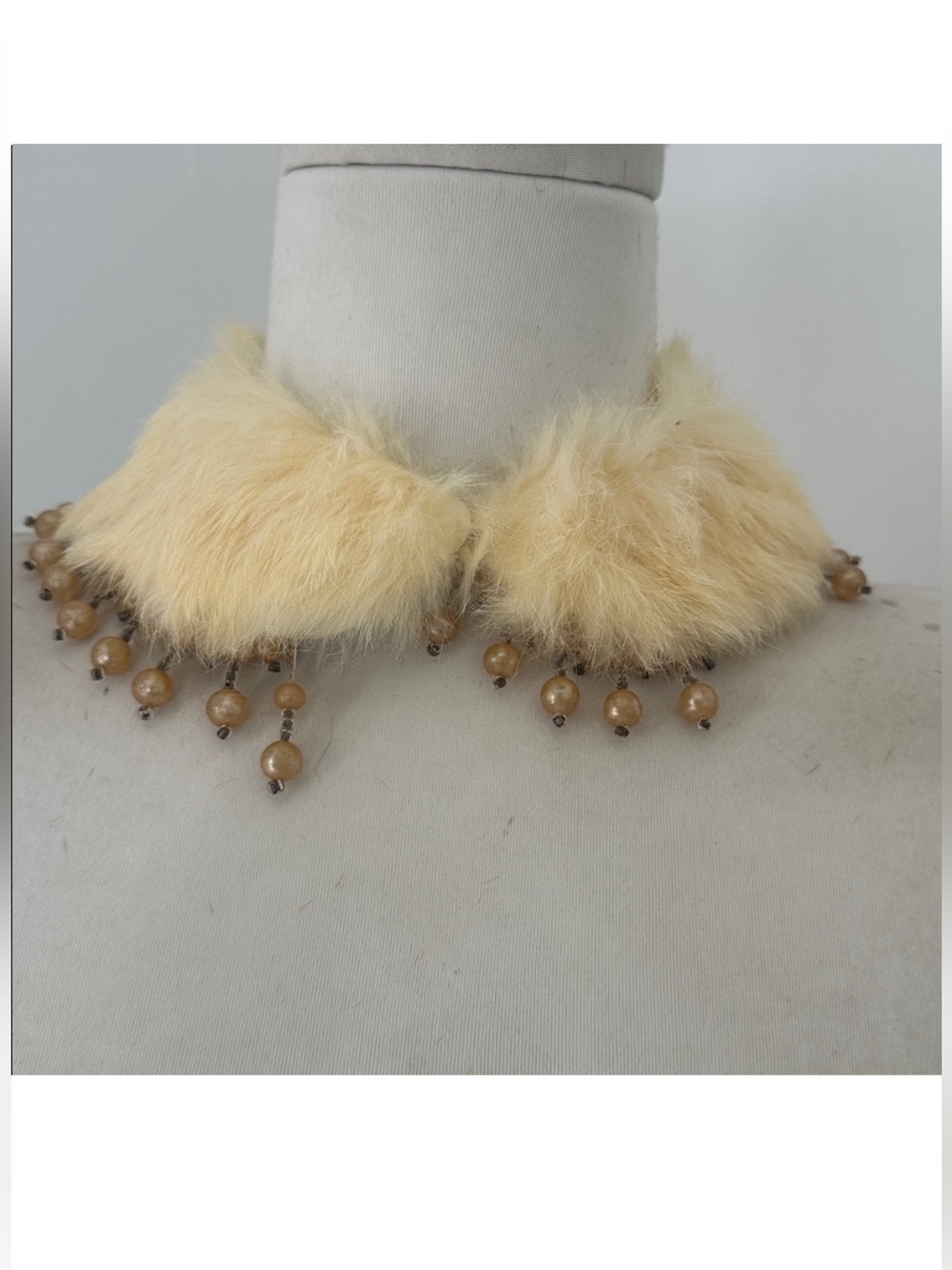 Vintage 40s Rabbit Fur Faux Pearl Beaded Necklace Collar